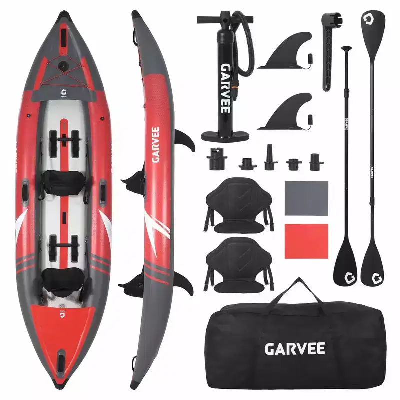 Inflatable Kayak - Red & Gray PVC Mesh, Brushed Fabric, Collapsible, Portable for Outdoor Water Sports for 2 Person