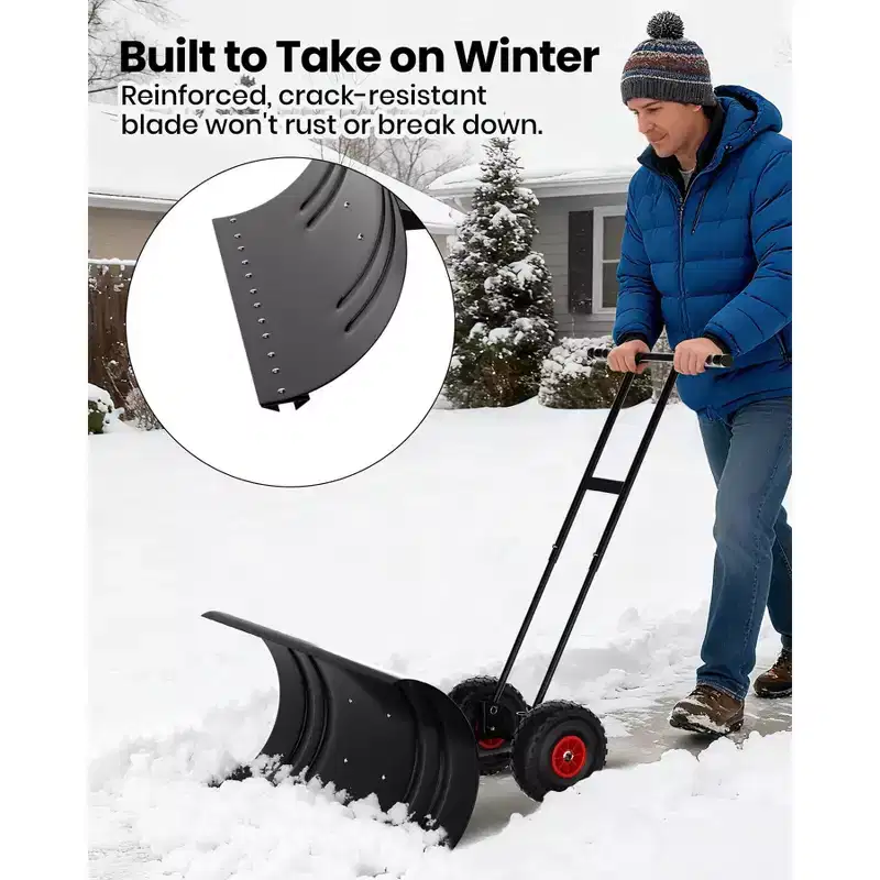 29 Heavy-Duty Snow Pusher Shovel with Wheels, Snow Pusher Hand Plow for Snow Removal, 5 Level Adjustable Handle & 5-Position Angled Blade