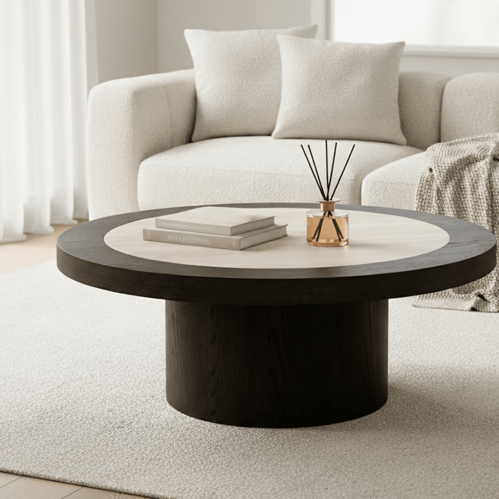 Deep Brown Wooden Coffee Table with Travertine Top