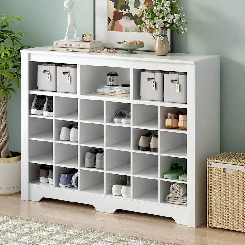 24-Cubby Shoe Cabinet with Curved Base, Versatile Sideboard