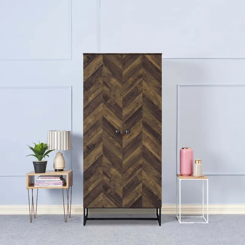71" 2-Door Tall Wardrobe Cabinet, Sled Legs, Chevron Wood Brown