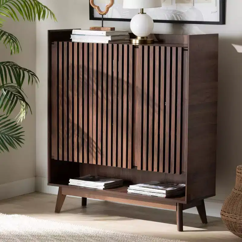 Delaire Mid-Century Modern Walnut Brown Finished Wood Shoe Cabinet