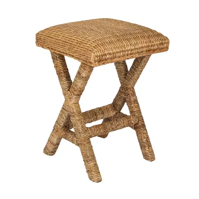 Woven Water Hyacinth Bar Stool, Mahogany Wood Frame, Backless, Fixed Height &ndash; 17"L x 16"W x 25"H