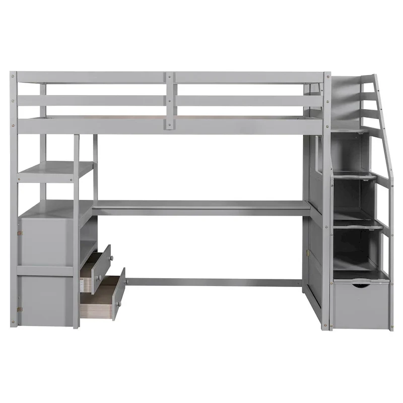 Twin Size Loft Bed with Desk and Shelves, Two Built-in Drawers, Storage Staircase
