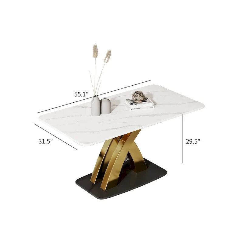 Rectangular Dining Table with Sintered Stone Top and Gold X-Base