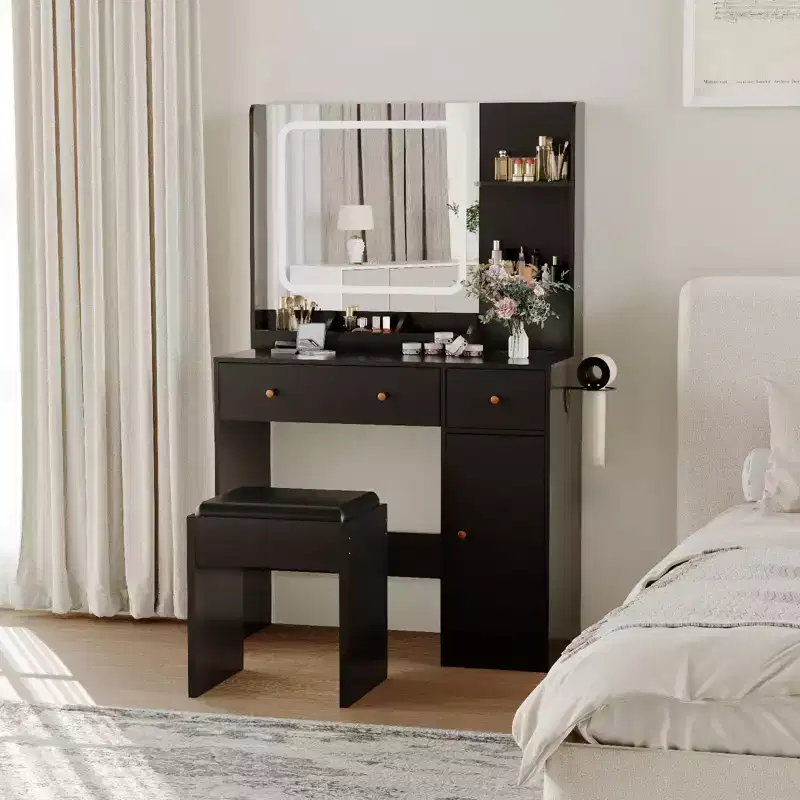 Makeup Vanity with Mirror Vanity Table with Hair Dryer Holder Storage Drawers and Shelves with Upholstered Stool for Bedroom