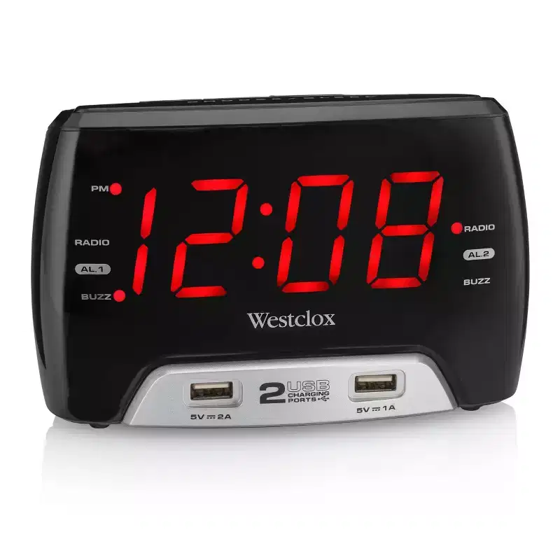 1.4" LED Display Alarm Clock with 2 USB Charging Ports/Digital Radio - Westclox: Modern Table Clock with AM/FM Radio, Dual AAA Battery Backup