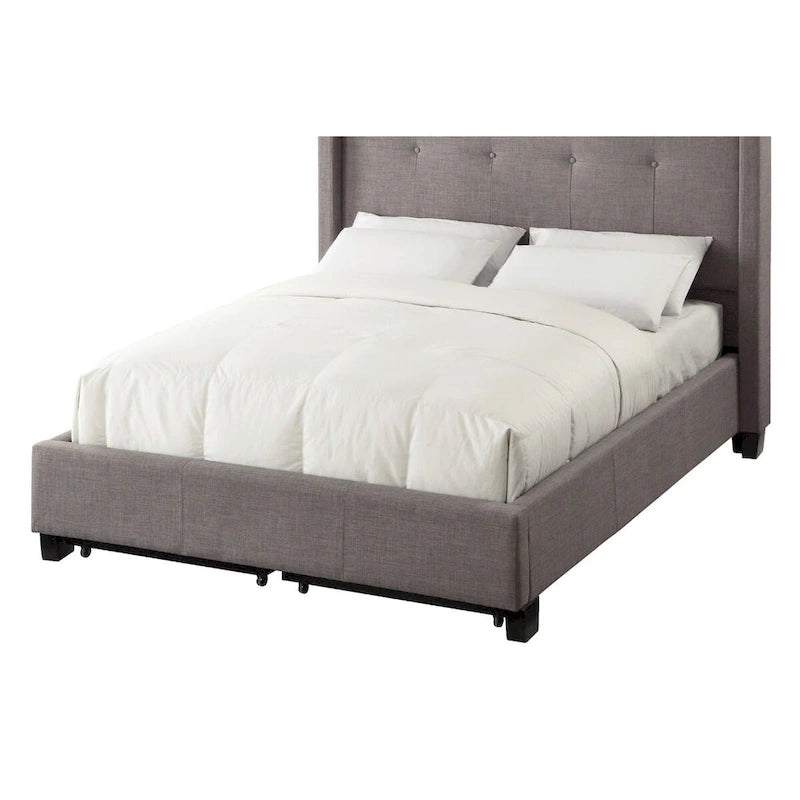 Queen Platform Bed &ndash; Grey, Tufted Linen, Low Profile, 2 Footboard Storage Drawers, Sleeps 1