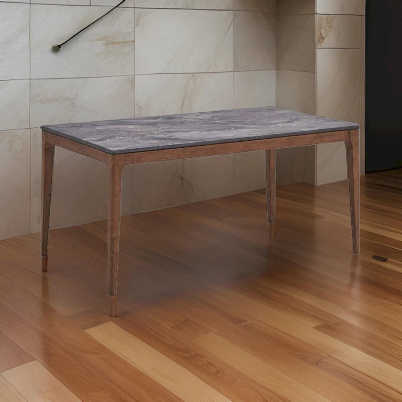 63-Inch Dining Table &ndash; Brown, Faux Stone Marble Grain Top, Walnut Base, Tapered Legs, Mid-Century Modern Style