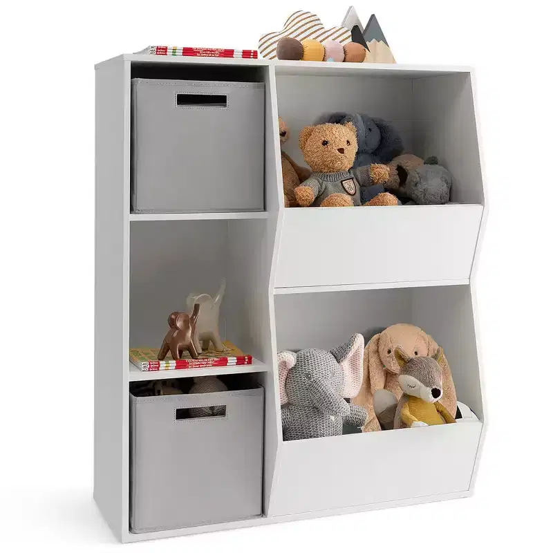 Costway Kids Toy Storage Organizer 5 Cubbies Wooden Bookshelf Display Cabinet w/ Drawers