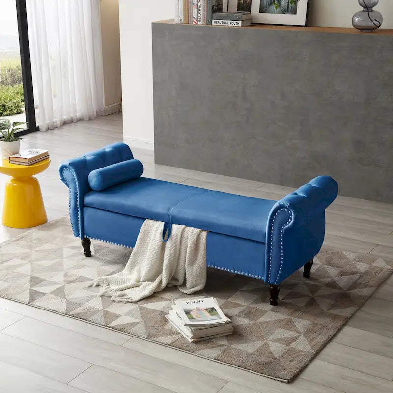 Upholstered Storage Ottoman Bench &ndash; Brown / Beige / Blue / Black / Grey / Pink, Velvet, Rolled Arms, Seats 2