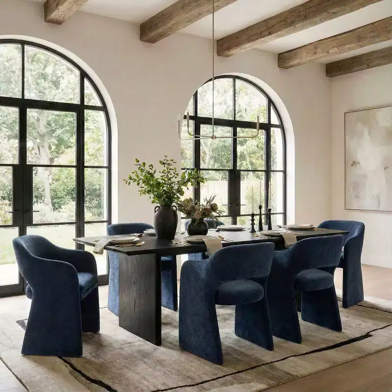 Set of 6 Upholstered Dining Chairs with Wraparound Arms &ndash; Chenille, Curved Back, 23"W x 30.5"H