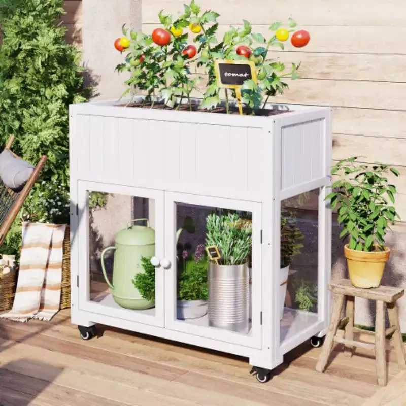 Compact Garden Greenhouse with Wheels - 35.4x17.7x37.4 Mini Wood Cold Frame with Raised Bed Liner