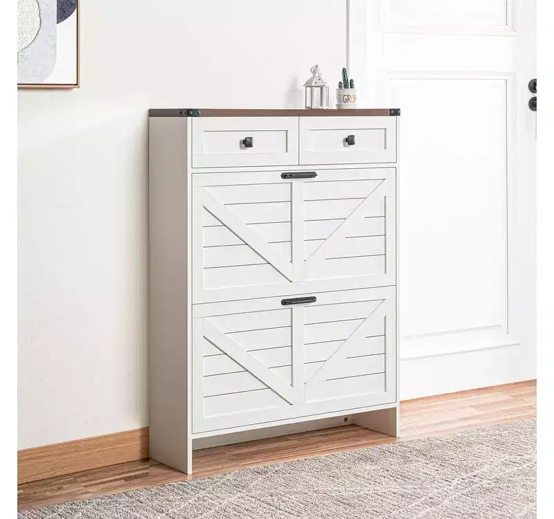 Farmhouse Slim Shoe Cabinet with Flip Drawers Narrow Entryway Shoe Storage Cabinet with 2 Utility Drawers