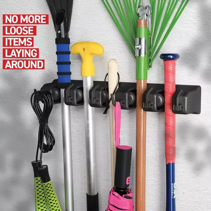 Broom & Mop Holder Rack | 5 Slots & 6 Hooks | Garage & Garden Tool Organizer | 7.5 lb Capacity Per Slot