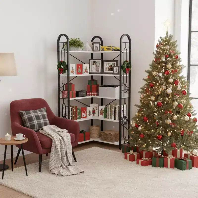 5-Tier Corner Bookshelf with Metal Frame, Space-Saving Storage Rack for Living Room or Office