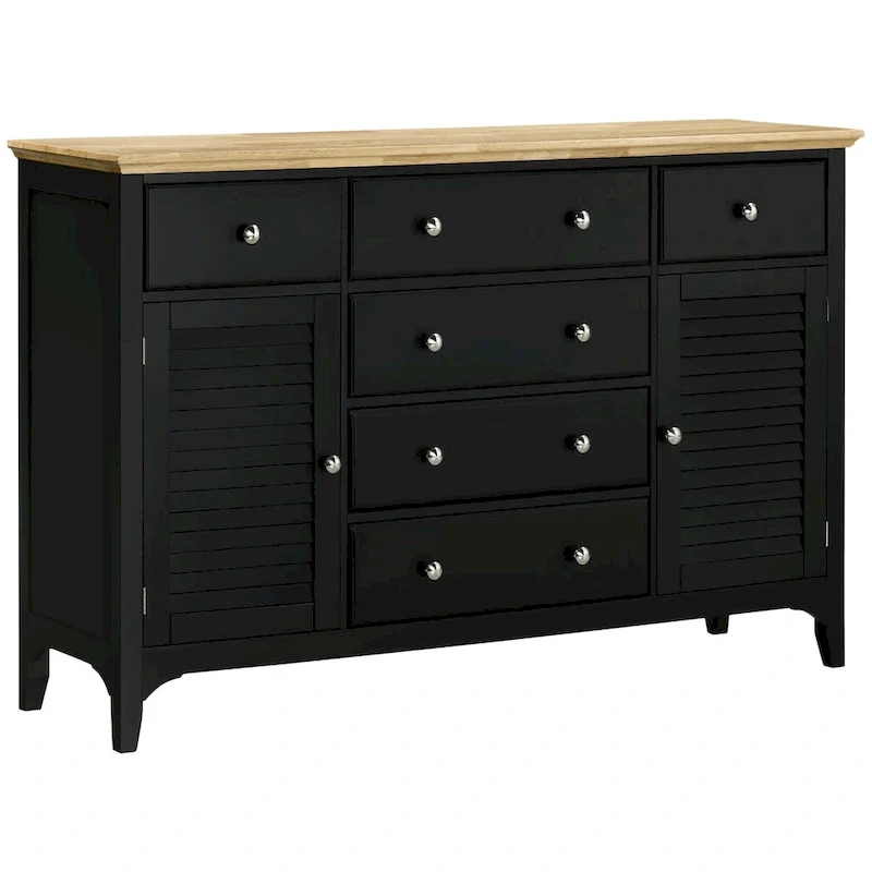 Sideboard Buffet Cabinet with Storage Drawers, Rubber Wood Top and Adjustable Shelves, Black