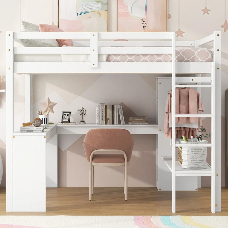 Solid Wood Loft Bed with L-Shaped Desk, Wardrobe and Storage Shelves