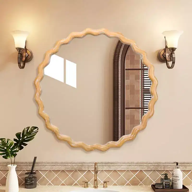 28 Round Wavy Wall Mirror, Whitewashed Scalloped Wood Finish Decorative Mirror for Living Room, Bathroom Vanity - Panipeachy