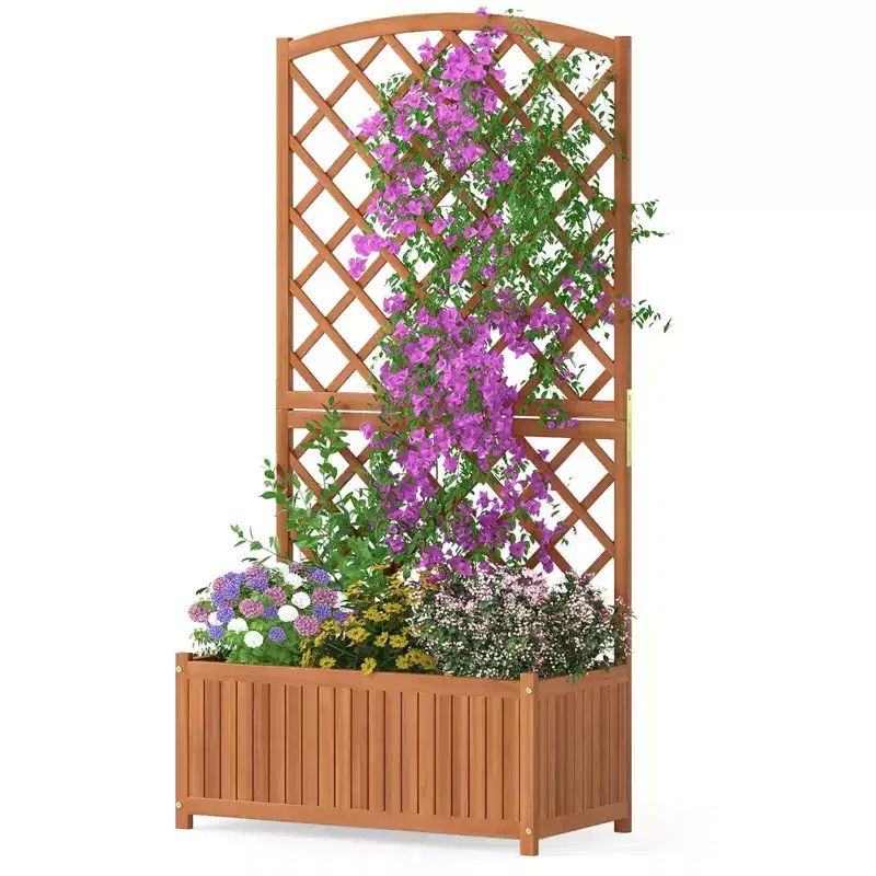 Costway 1/2 PCS 63 Wood Planter Container with Diamond Trellis, Planter Box, Slat Base for Plants