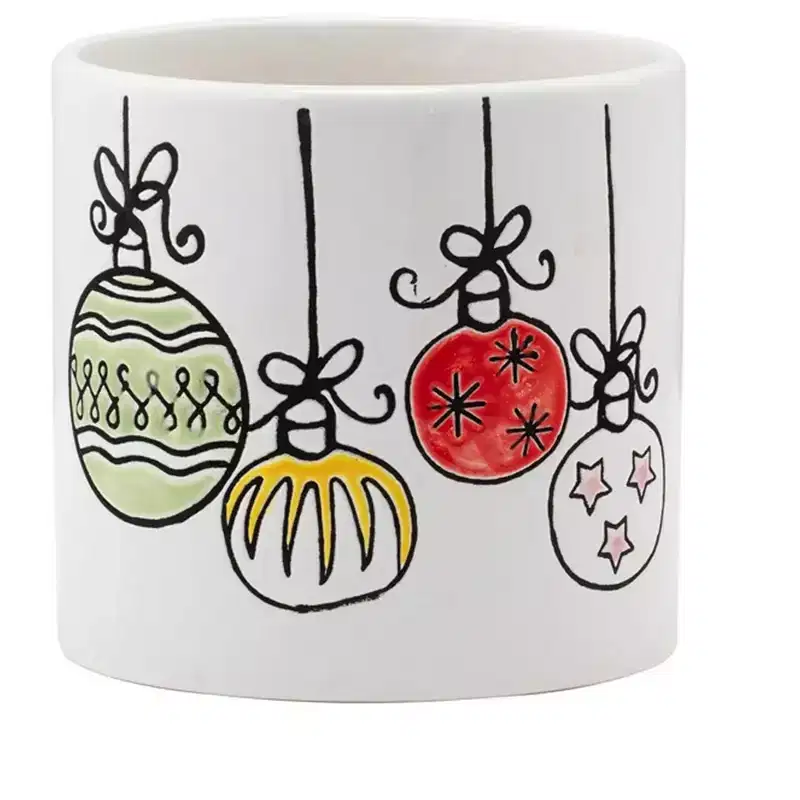 Napco Festive Christmas Ornament Ceramic - Hand-Drawn Style Holiday Plant Pot 5 Inch Tall White & Multicolor Seasonal Decor for Indoor Plants