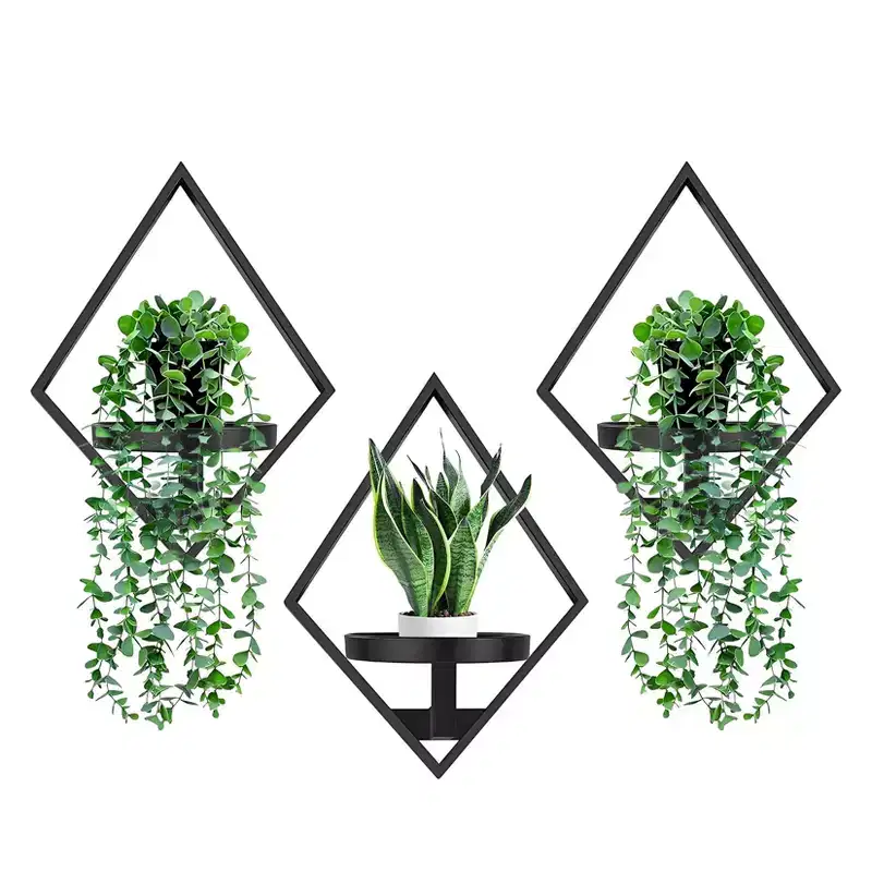 GustoWave Wall Plant Holder - 3 Pack Metal Wall Shelf,Diamond Window Plants Shelves for Bedroom, Bathroom, Living Room, Home Decor