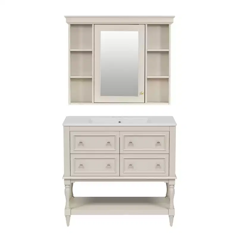 CASAINC 36-Inch Bathroom Vanity with Mirror Cabinet, Adjustable Shelves, 4 Drawers & Solid Wood Storage Cabinet