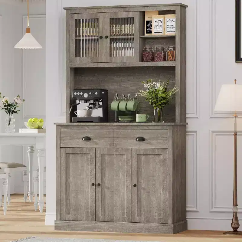 71" Tall Pantry Cabinet with Doors & Drawer, Farmhouse Hutch with Microwave Stand & Anti-Tip