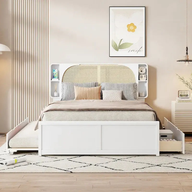 Queen Platform Bed &ndash; White, Rattan Headboard, 2 Drawers & Trundle, 4 Headboard Compartments, Sleeps 1