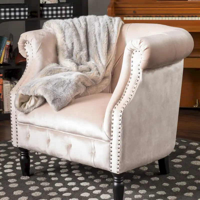 Velvet Club Chair &ndash; Tufted Arms, Nailhead Trim & Birch Wood Legs