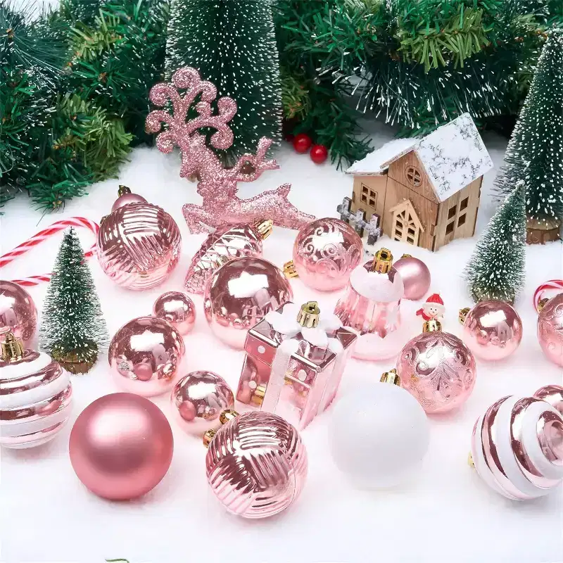 Joyfy Christmas Ornaments, Christmas Tree Decorations Indoor, 66ct Pink Christmas Assorted Ornament Set, Hanging Balls, Tree & Wreath Decor