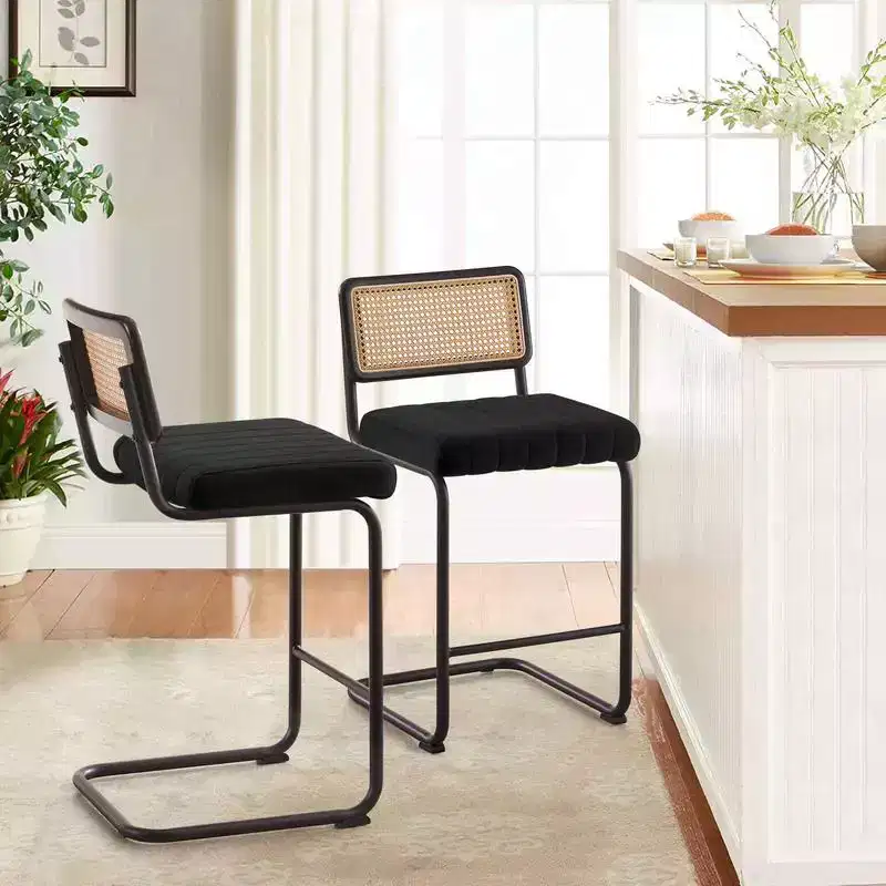 26" Counter Height Rattan Velvet Bar Stools with Cane Back & Metal Frame