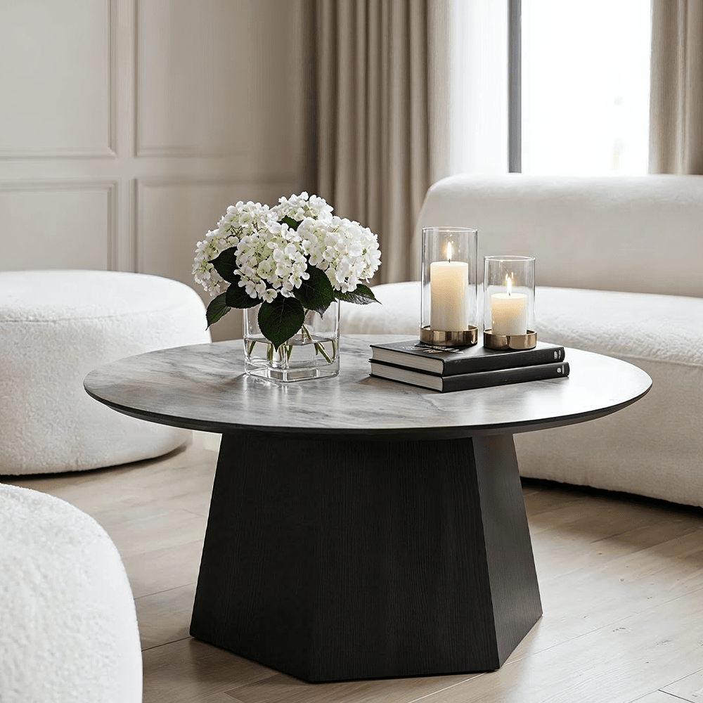 Dark Brown Wooden Coffee Table with Marble Effect Top
