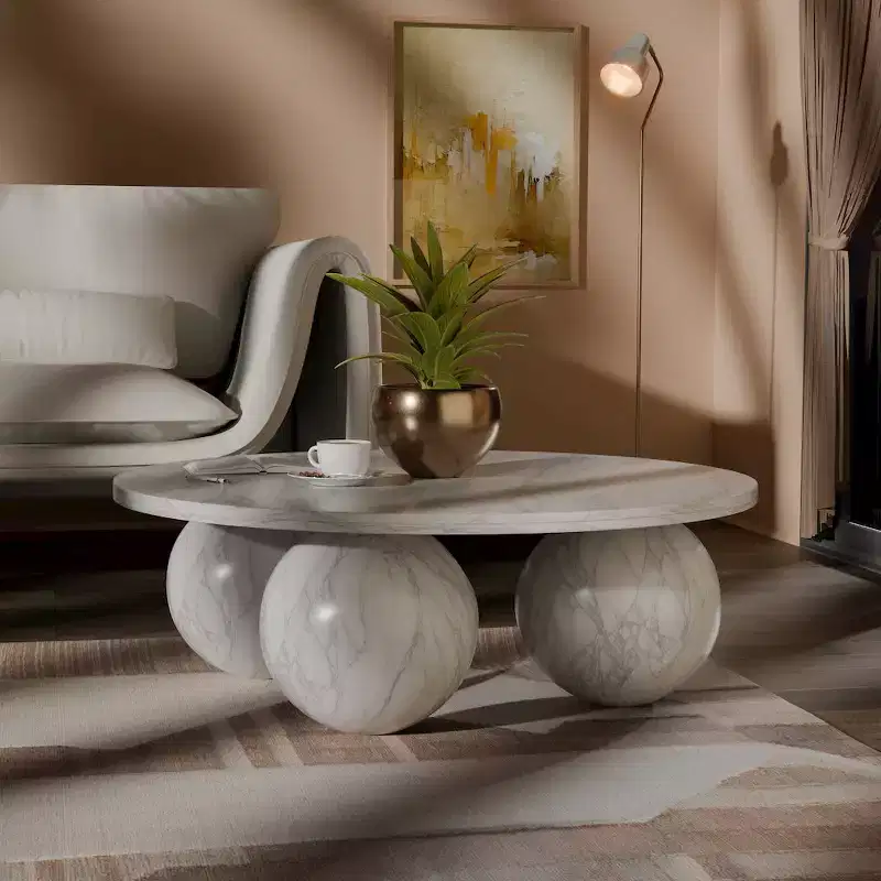 Round Marble Coffee Table with Sphere Legs, Multicolor, Seats 4�?