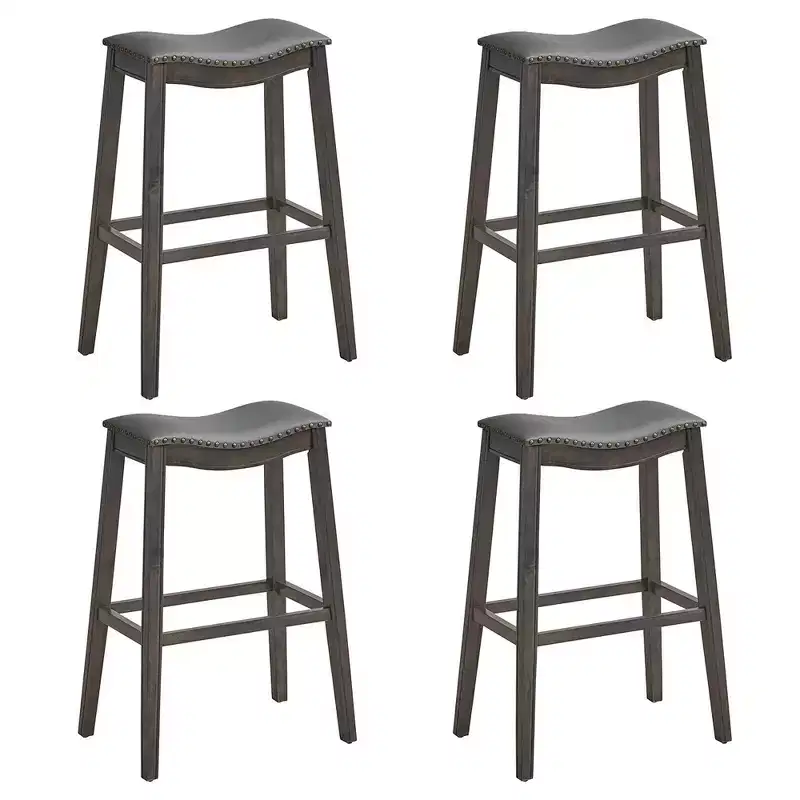Set of 4 Saddle Bar Stools with Rubberwood Legs & PVC Leather Seats - 29"