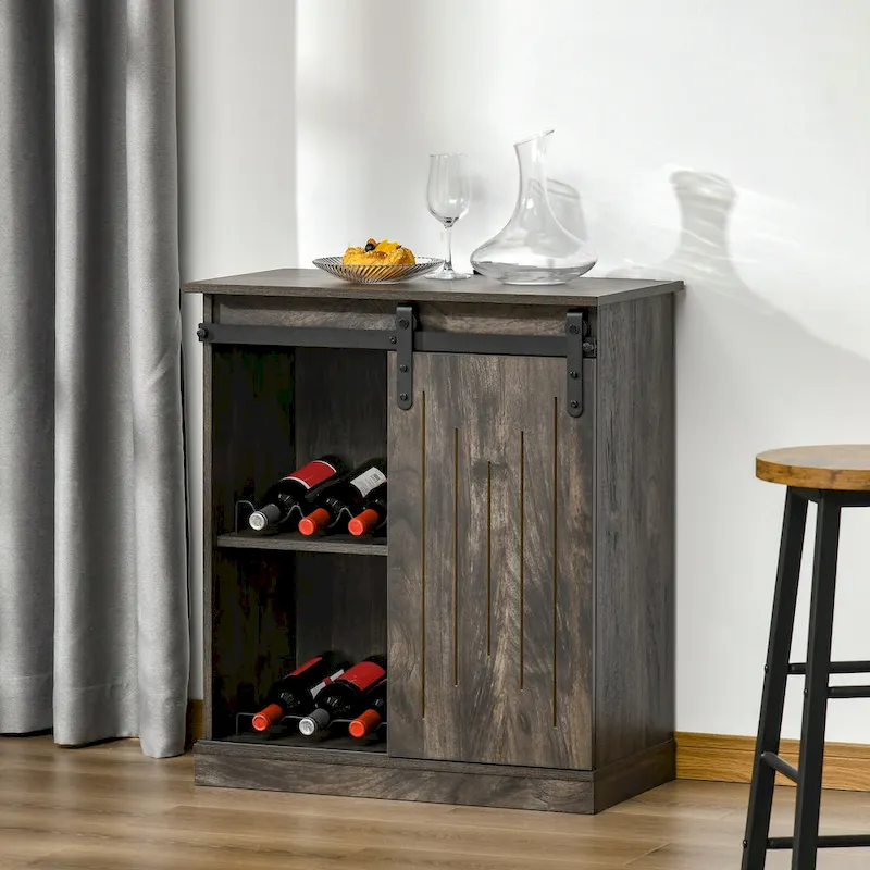 Industrial Sideboard Storage Cabinet, Serving Bar Buffet with Sliding Barn Door and 6-Bottle Wine Rack