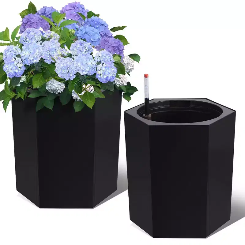 Hexagonal planter with water level indicator and drainage holes for self-watering indoor plants, suitable for gardens, patios, and balconies.