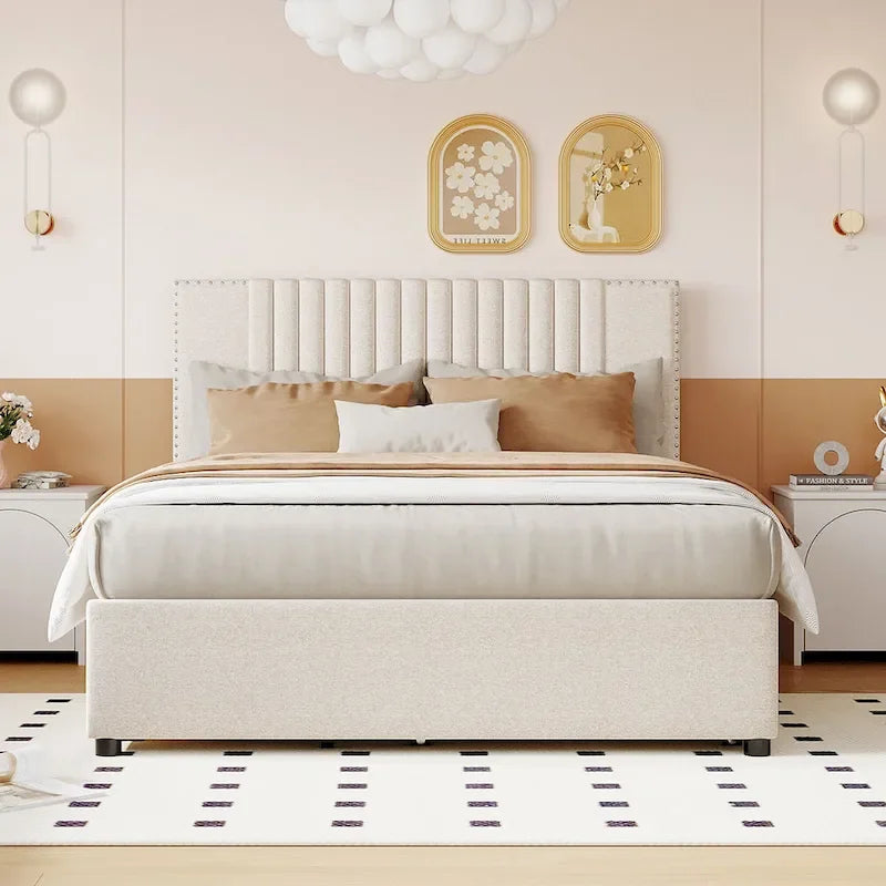 Linen Platform Bed &ndash; Gray / Beige, Foam Headboard, 2 Drawers & Trundle, Full / Queen, Sleeps 1