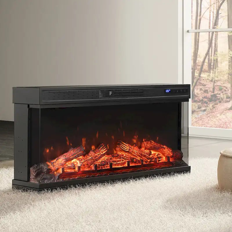 3-Sided Glass Electric Fireplace Insert &ndash; Gray & Blue Light / Black, Freestanding or Insert, 18 or 36 Inch