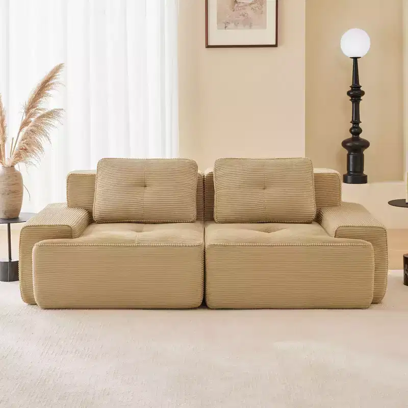 82 2-Seater Modern Camel L-Shaped Modular Sectional Sofa for Living Room, Corduroy Fabric Pearl-like piping Tufted Design No Assembly