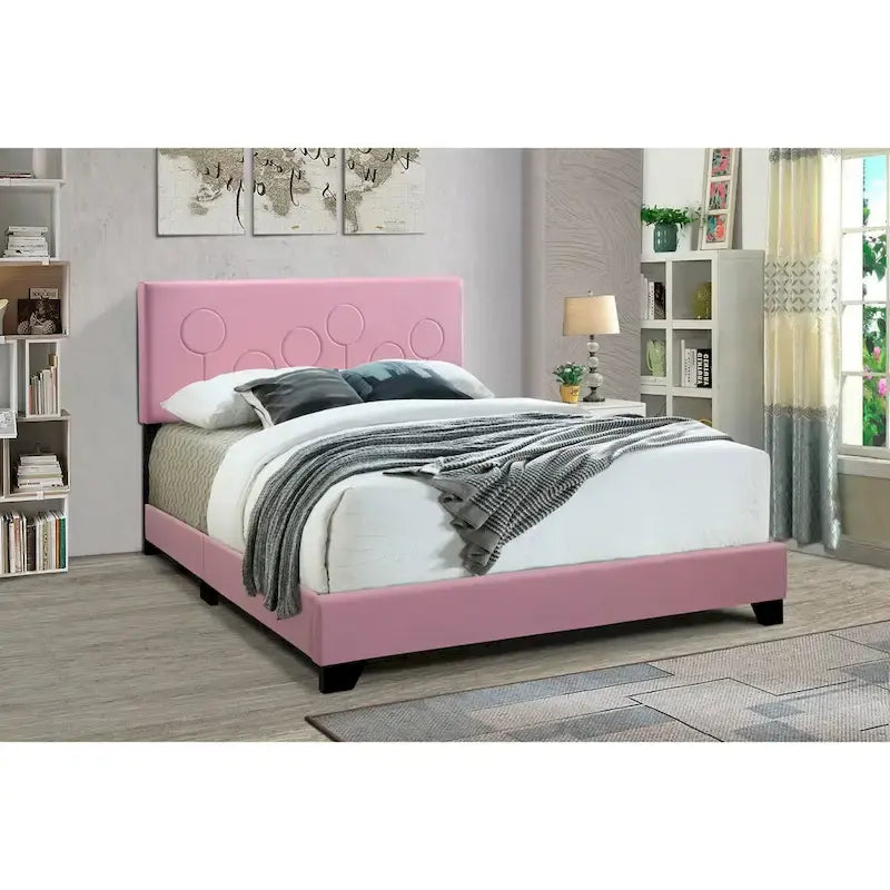 Queen Upholstered Bed &ndash; Bubblegum Pink, Faux Leather, Modern Style, Sleeps 1