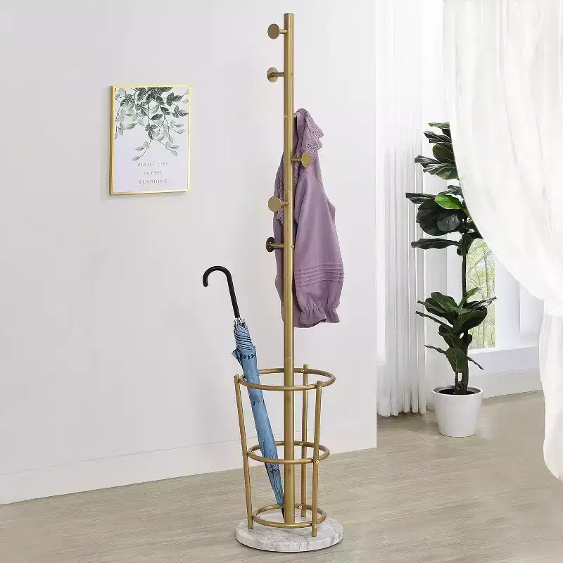 Kings Brand Furniture Freestanding Metal Hall Tree Coat Rack Stand with Umbrella Holder for Entryway Hanging Clothes, Hats, Bags (Gold)