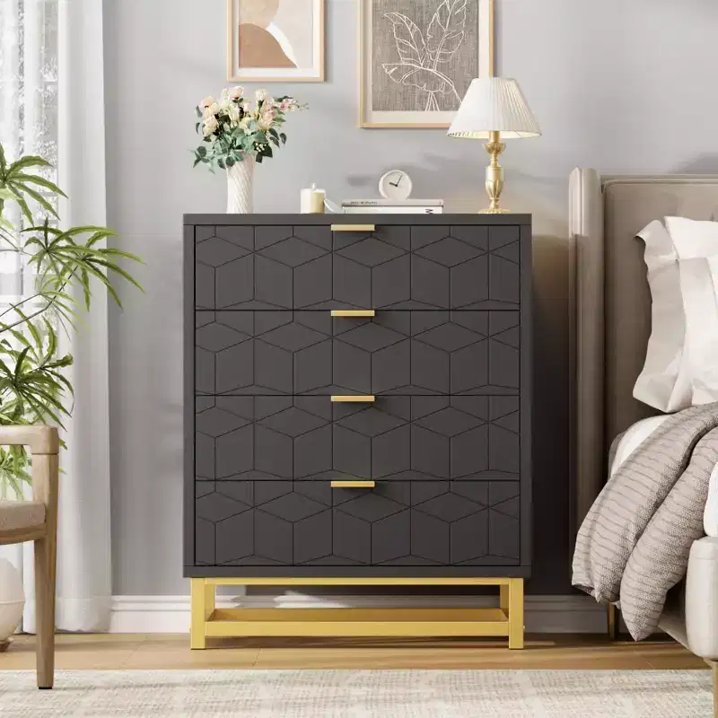 Modern 4-Drawer Dresser with Metal Legs, Wide Storage Chest Organizer for Bedroom & Living Room, Stylish Wooden Storage Cabinet for Clothes