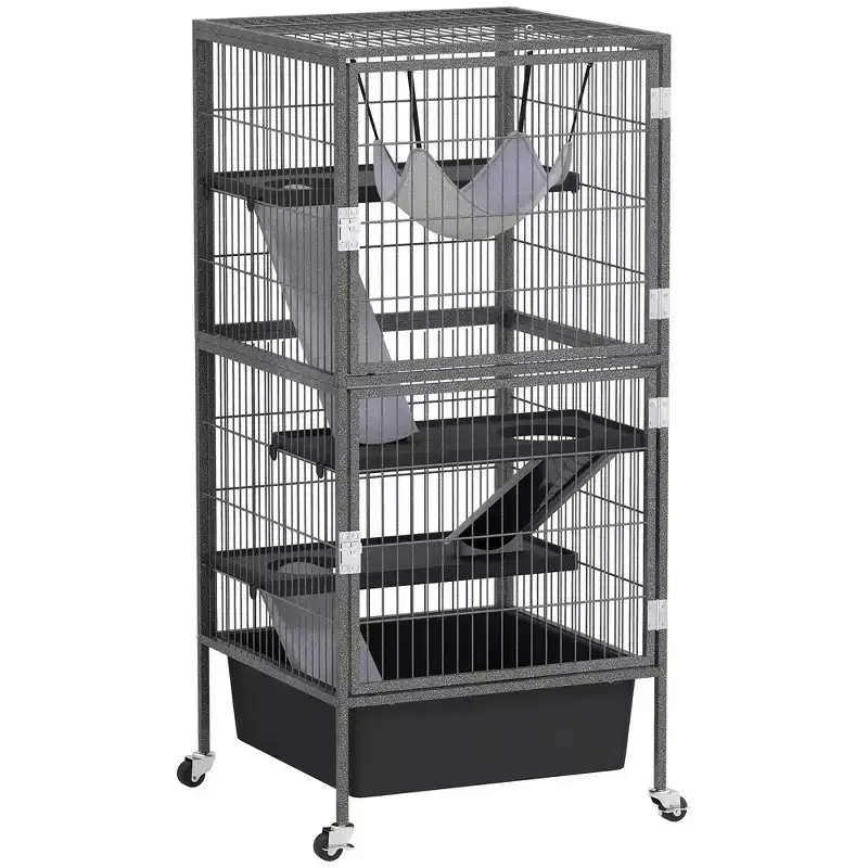 PawHut 45 Small Animal Cage, 4-Tier Rolling Ferret Cage with 6 Deep Slide-Out Tray, Platforms, Hammock, for Rabbit, Ferrets, Chinchillas, Gray
