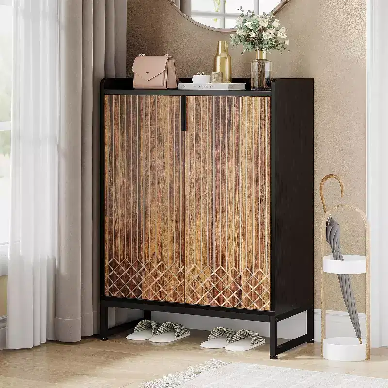 Lantine 5-Tier Wooden Shoe Cabinet with Doors, Stores 25 Pairs, Modern Black & Brown Organizer for Entryway, Hallway, Living Room.