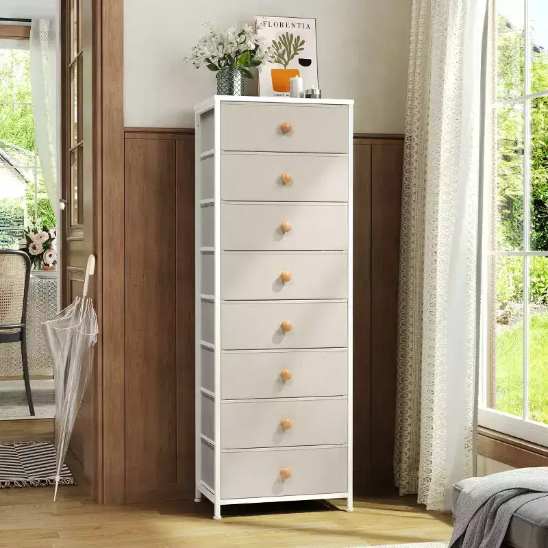 Crestlive Products 8 Drawers Vertical Dresser dressers for bedroom Storage Tower with Sturdy Steel Frame Wood Top Easy Pull Fabric Bins Handles