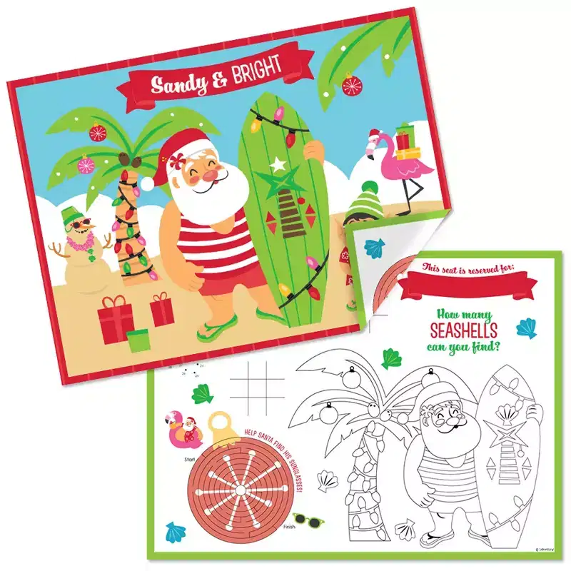 Big Dot of Happiness Tropical Christmas - Paper Beach Santa Holiday Party Coloring Sheets - Activity Placemats - Set of 16