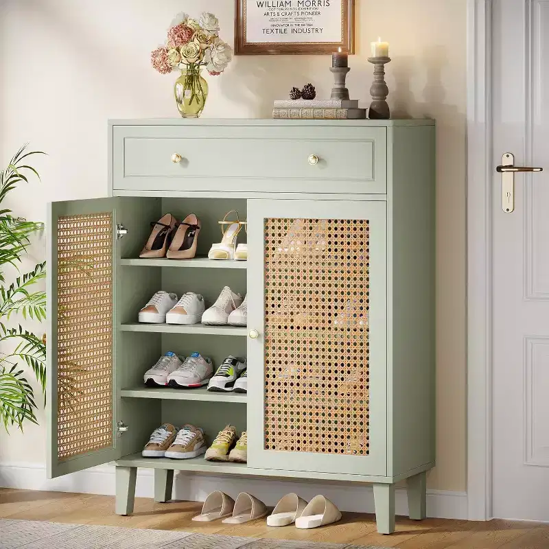 6-Tier Boho Shoe Cabinet with Rattan Doors, Drawer & Adjustable Shelf, Mint Green