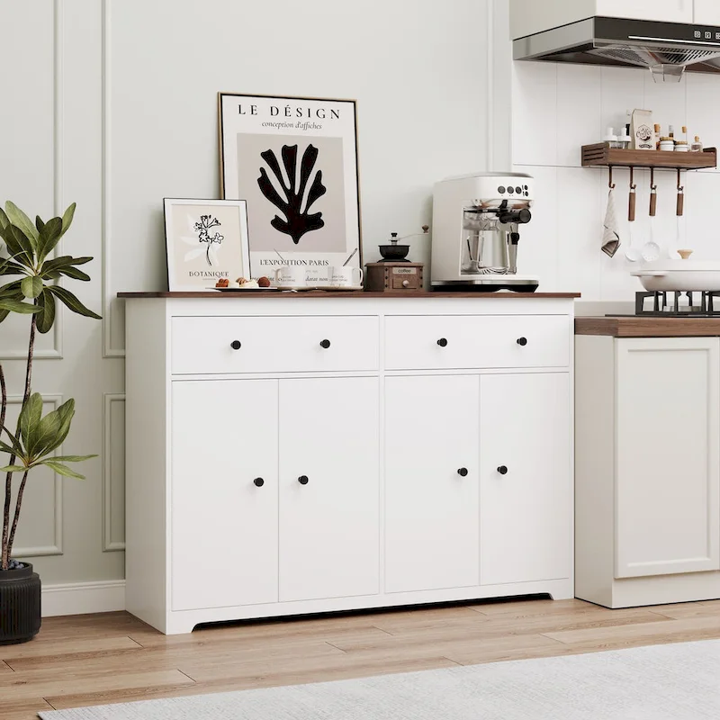 Modern Storage Sideboard Buffet Cabinet with 2 Drawers and 4 Doors, White