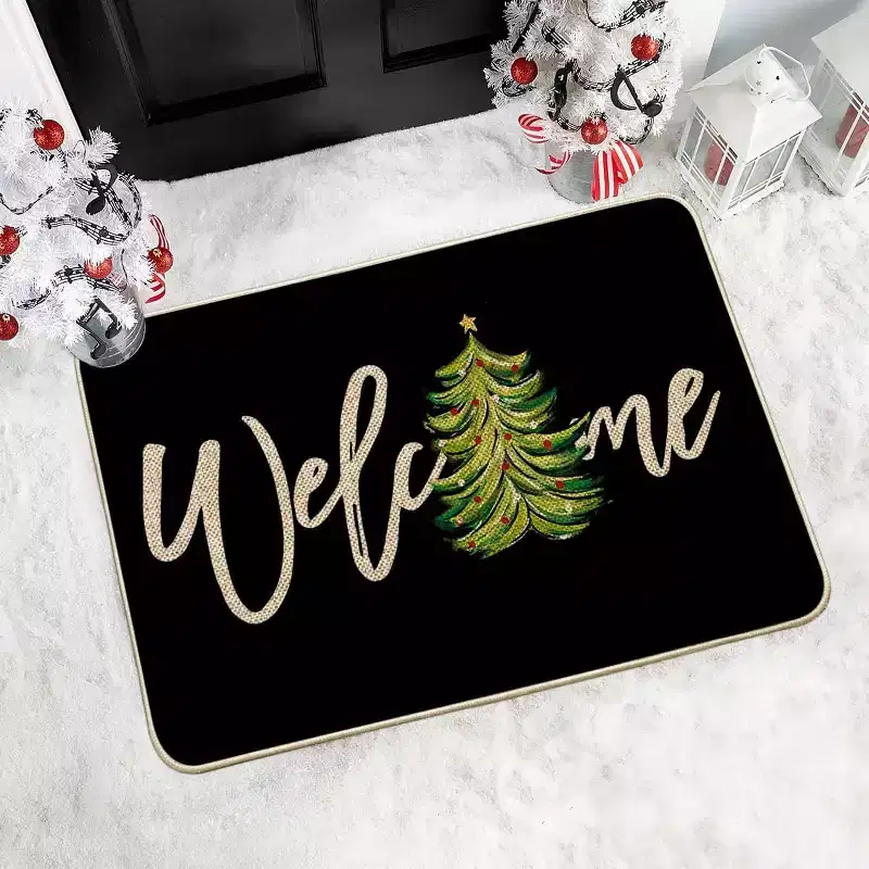 Lomsoe 1pc Black Xmas Tree Christmas Welcome Doormat, Winter Home Decor Rug Door Mat Floor Mat for Indoor Outdoor.
